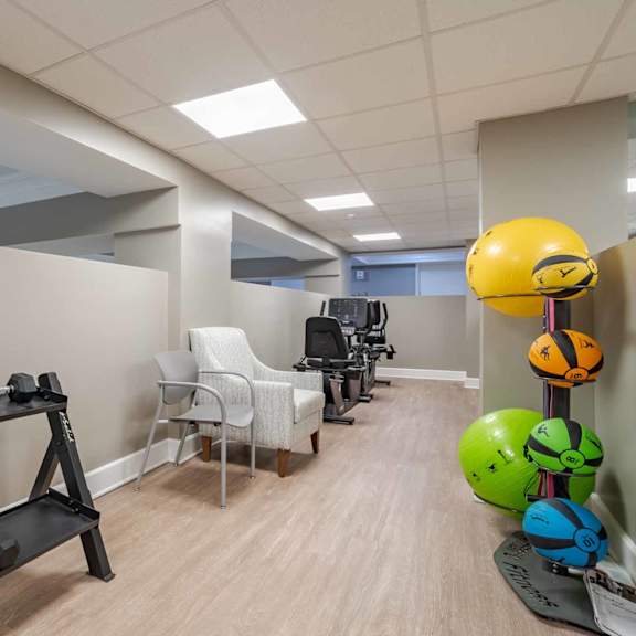 a gym room with a weight rack, exercise balls, and a bench.