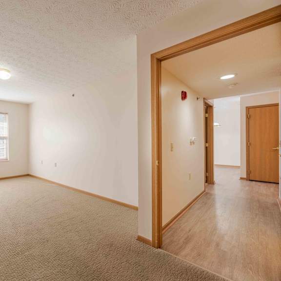 a room with a carpeted floor and a window with blinds.