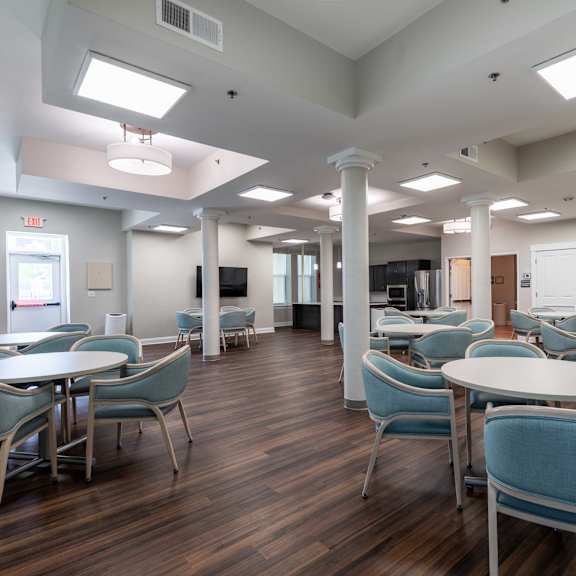 a room with tables and chairs and a plant.