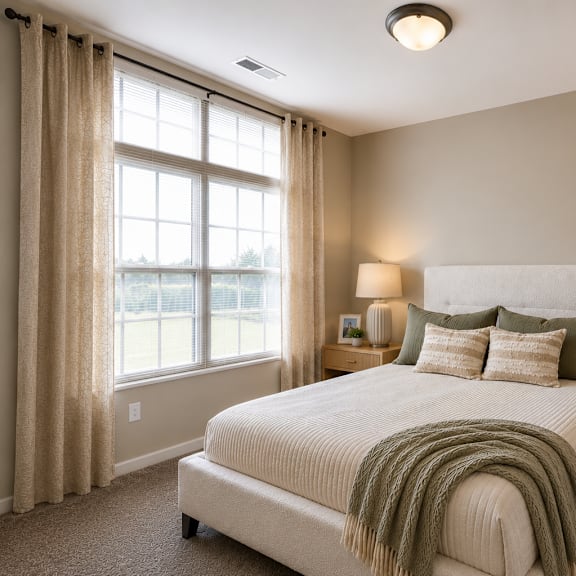 a bedroom with a large bed and a window with curtains.
