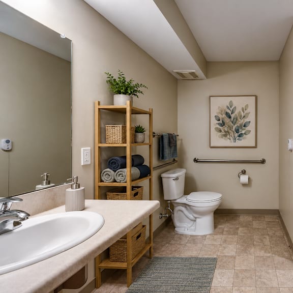 a bathroom with a white toilet, sink, and a white shower.