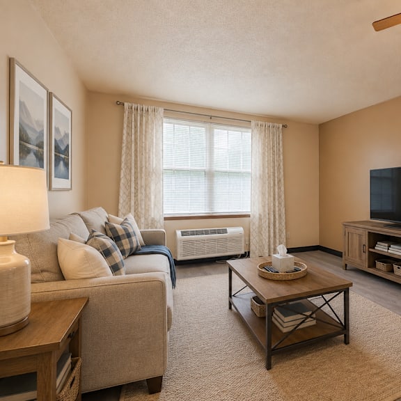 a living room with a couch, a coffee table, a television, and a fan.