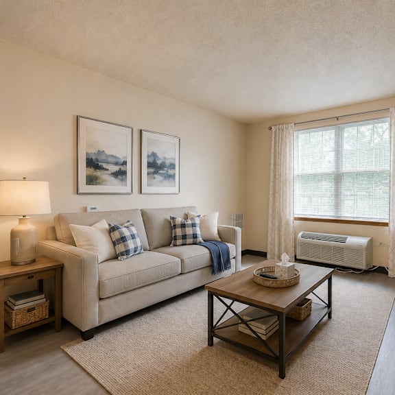 a living room with a couch, coffee table, and television.