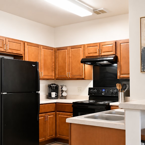 a kitchen with a black fridge and wooden cabinets.