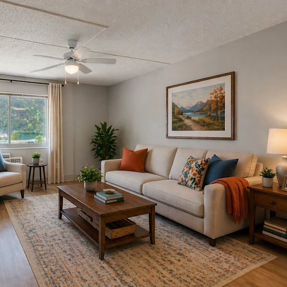 a living room with a couch, chair, and television.