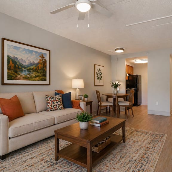 a living room with a couch, a coffee table, and a painting on the wall.