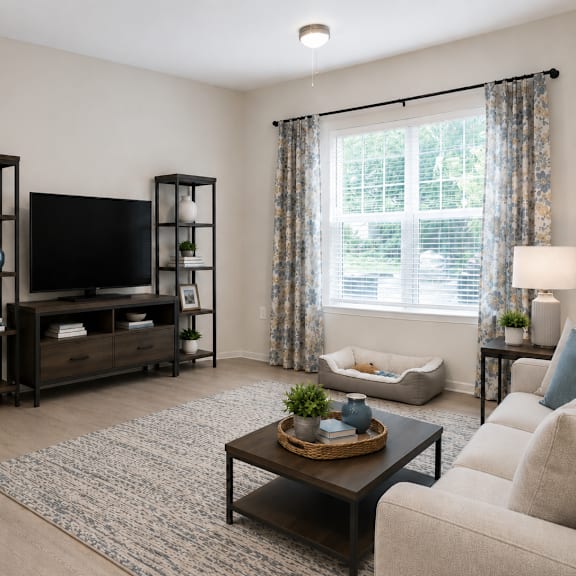 a living room with a television, a couch, and a coffee table.