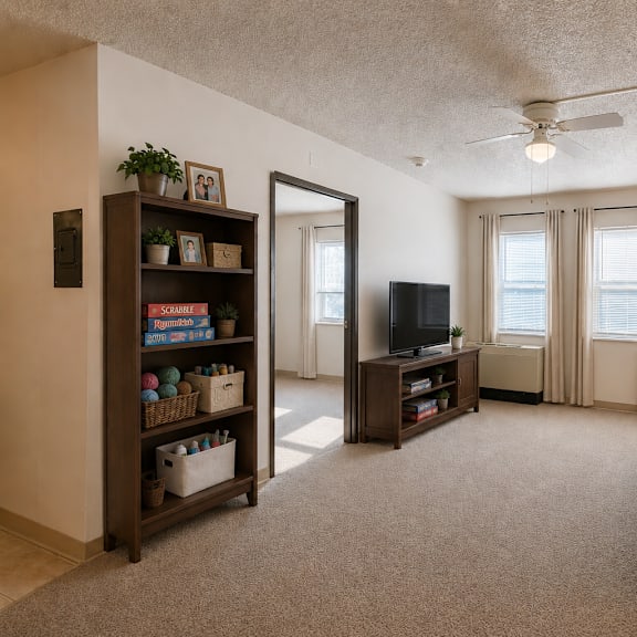 a living room with a grey couch, a wooden bookshelf, a television, and a ceiling fan.