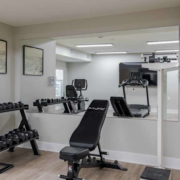 a home gym with a bench, weights, and exercise equipment.