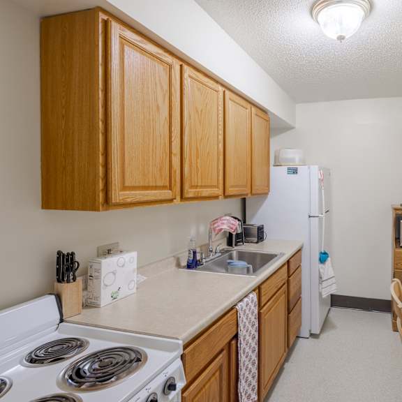 a kitchen with a white refrigerator, wooden cabinets, and a stove top oven.