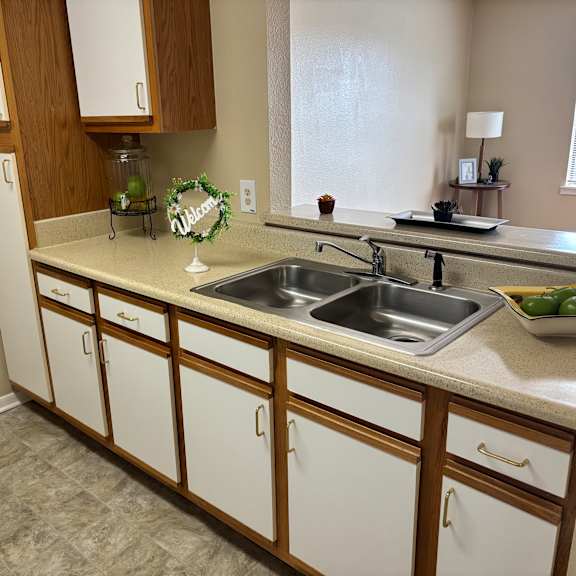a kitchen with a sink and a window.