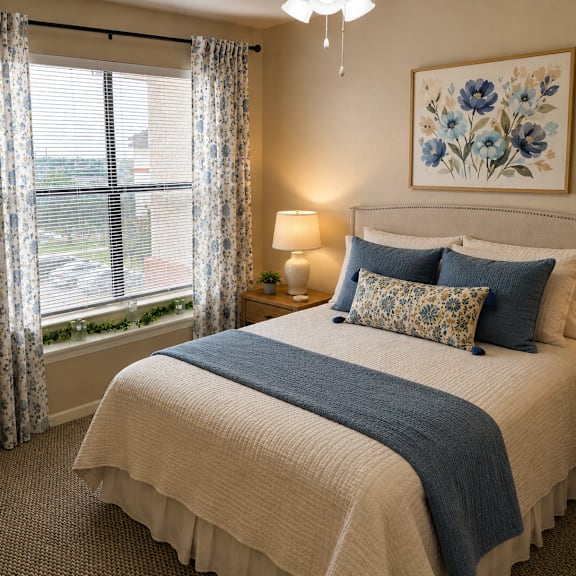 a bedroom with a large bed and a window with curtains.