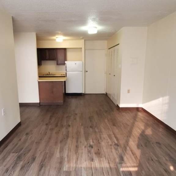 a long hallway with a kitchen at the end.