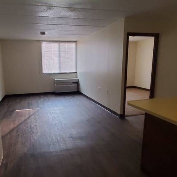a room with a wooden floor and a window with blinds.