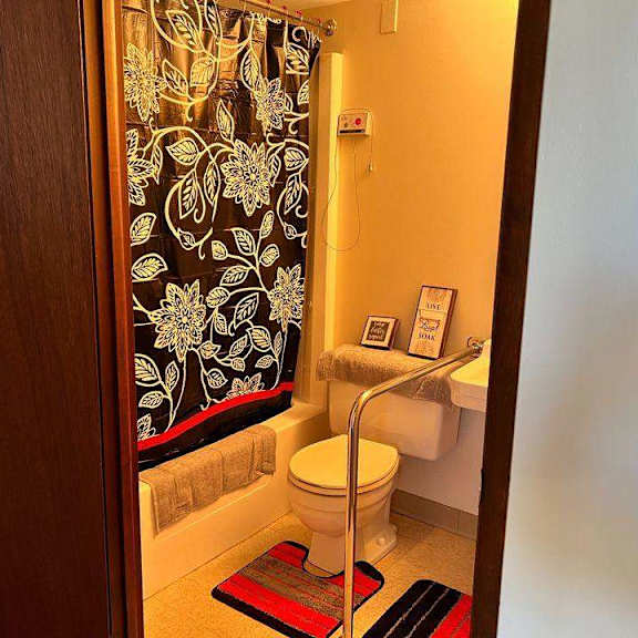 a bathroom with a toilet, a shower curtain, and a picture frame on the wall.