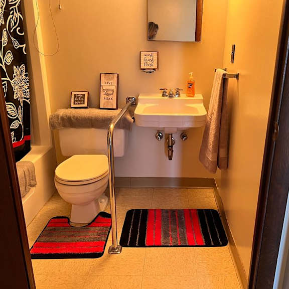 a bathroom with a toilet, sink, and mirror.