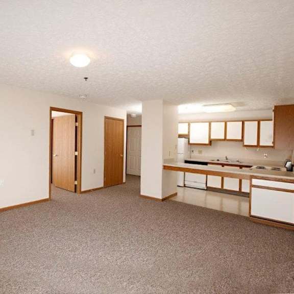 a kitchen area with a counter and cabinets.