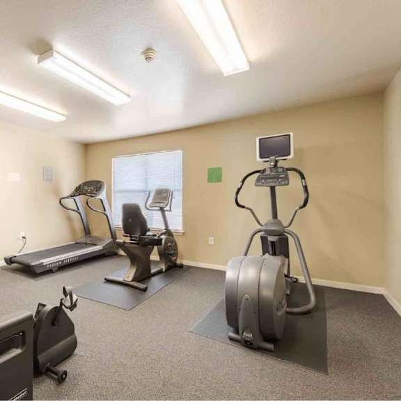 a well-equipped gym with treadmills, elliptical machines, and a stationary bike.