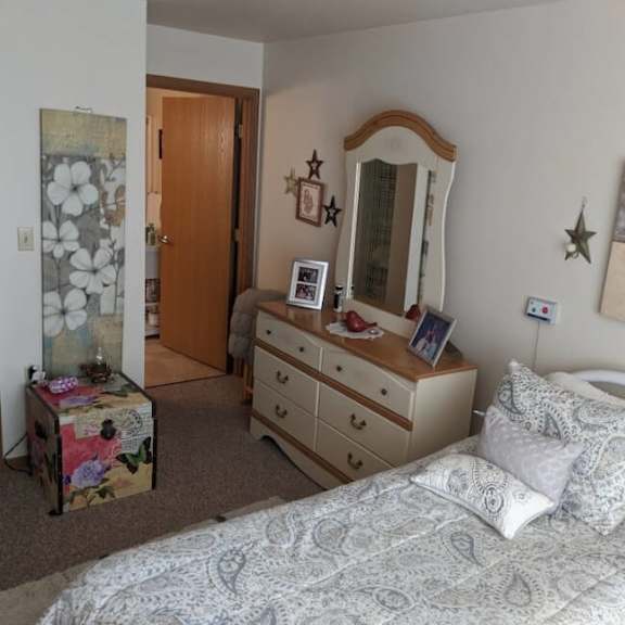 a bedroom with a bed, dresser, and mirror.