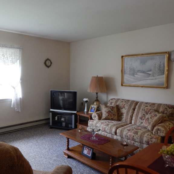 a living room with a couch, chair, and television.