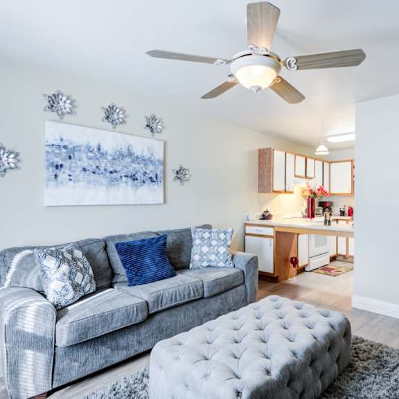 a living room with a grey couch and a grey ottoman.
