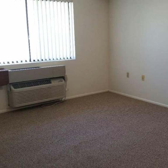 a room with a carpeted floor and a window with blinds.