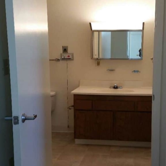 a bathroom with a sink, mirror, and toilet.