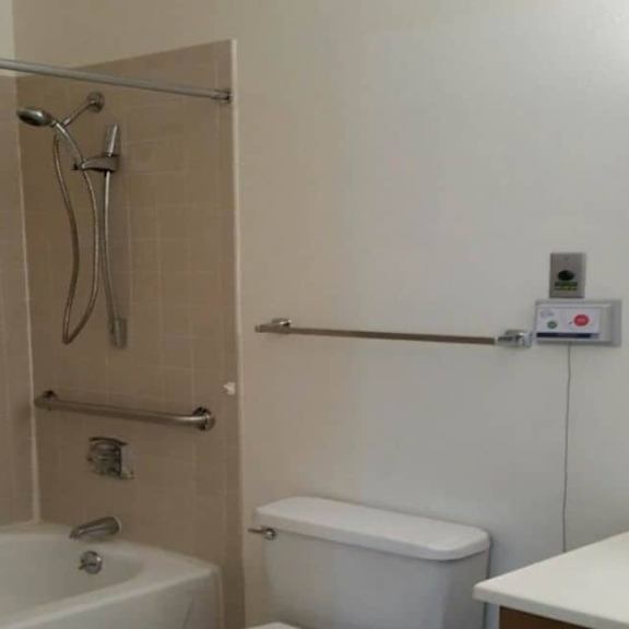a white toilet sits next to a white bathtub in a bathroom.