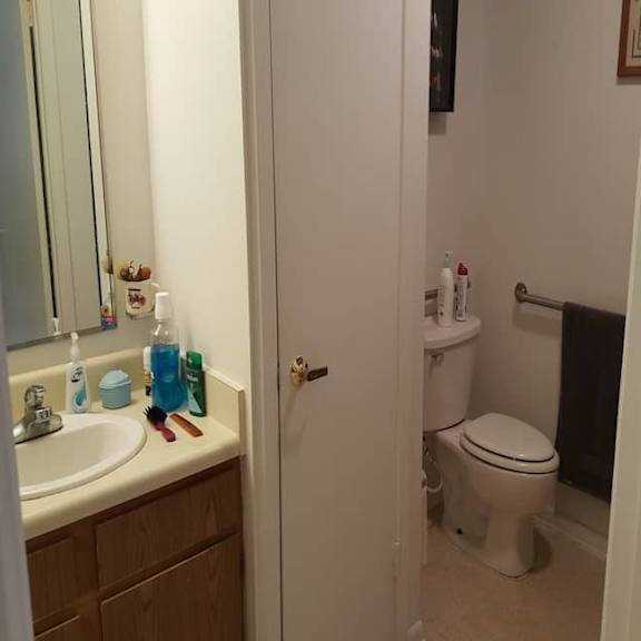 a bathroom with a toilet, sink, and mirror.