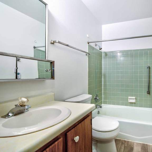 a bathroom with a sink, toilet, and bathtub.