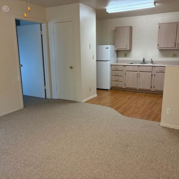 a kitchen with a white refrigerator and wooden cabinets.