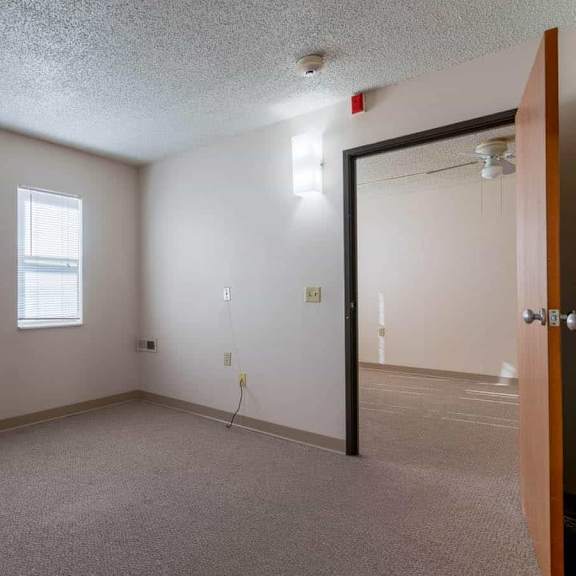 a room with a carpeted floor, two windows, and a door.