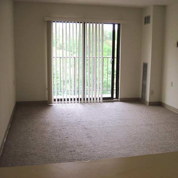 a room with a carpeted floor and a sliding glass door.