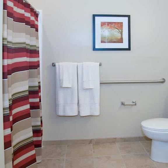 a bathroom with a toilet, a towel rack with two white towels, and a picture frame on the wall.