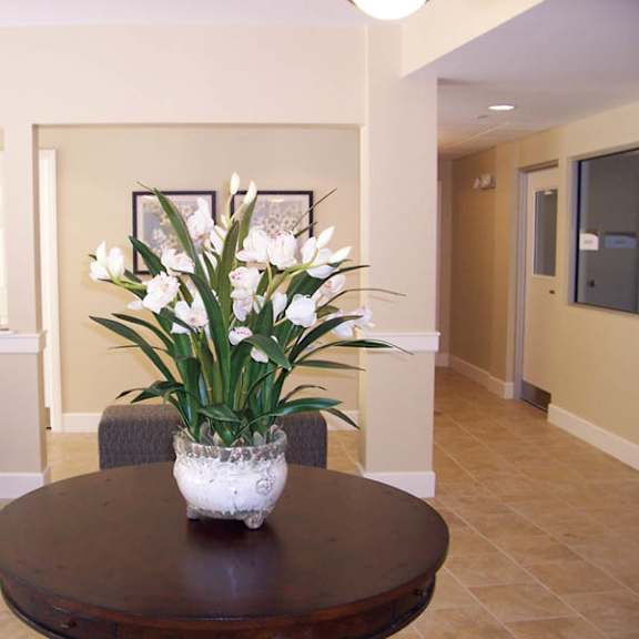 a vase of white flowers sits on a table in a room.