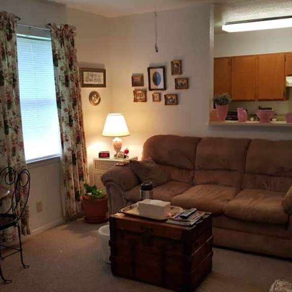 a living room with a brown couch, a coffee table, and a window with curtains.
