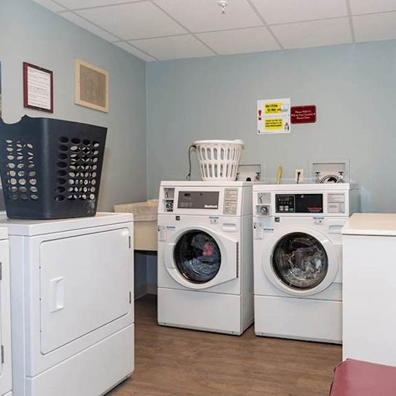 a laundromat with two front-loading washing machines and a dryer.