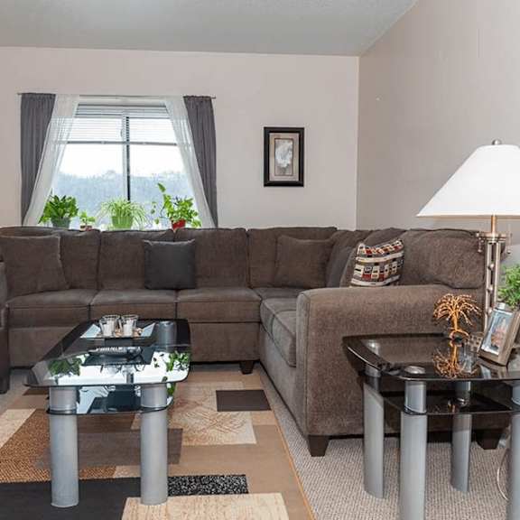 a living room with a grey sofa, a black coffee table, and a window with curtains.