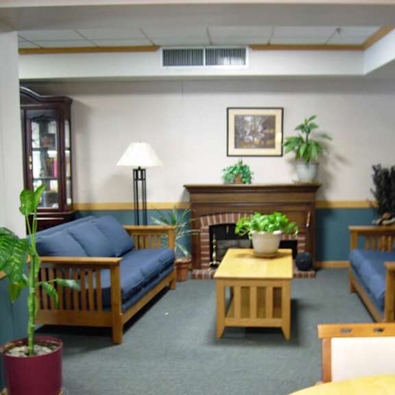 a living room with a fireplace and a potted plant.