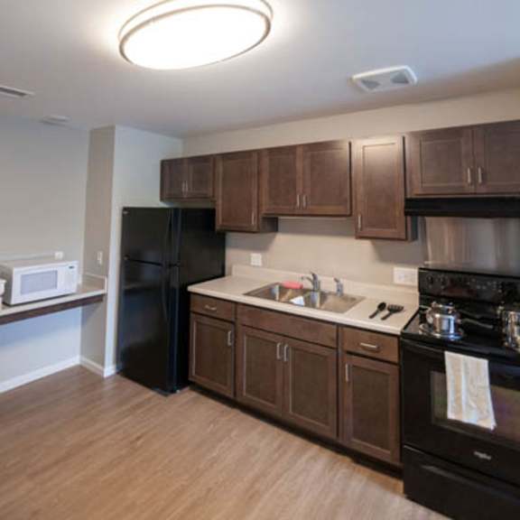 a kitchen with black appliances and wooden cabinets.
