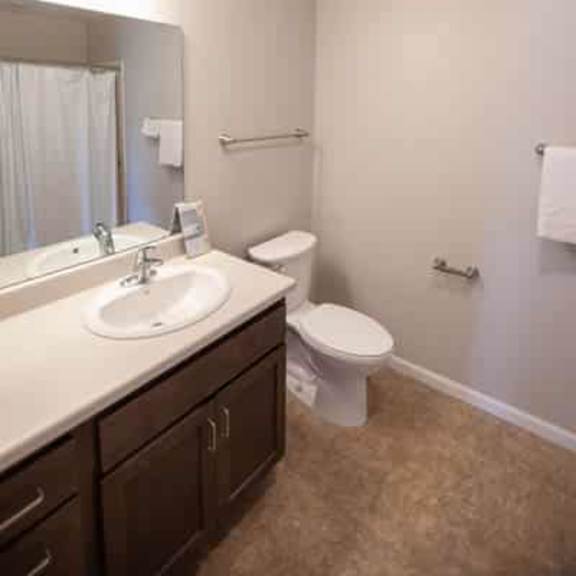 a bathroom with a toilet, sink, and mirror.