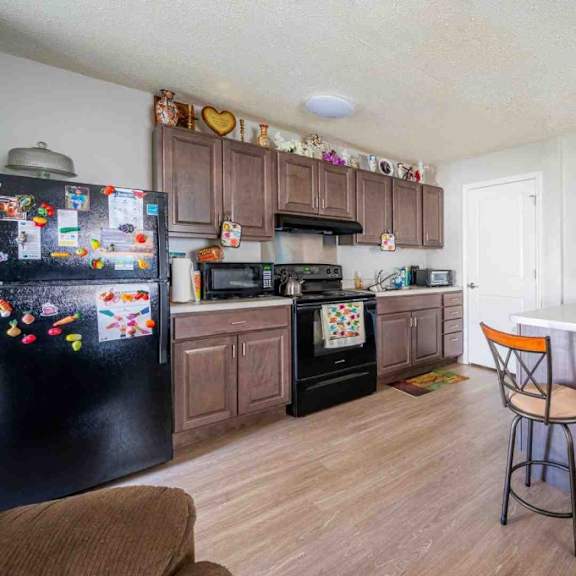 a kitchen with a black fridge and wooden cabinets.