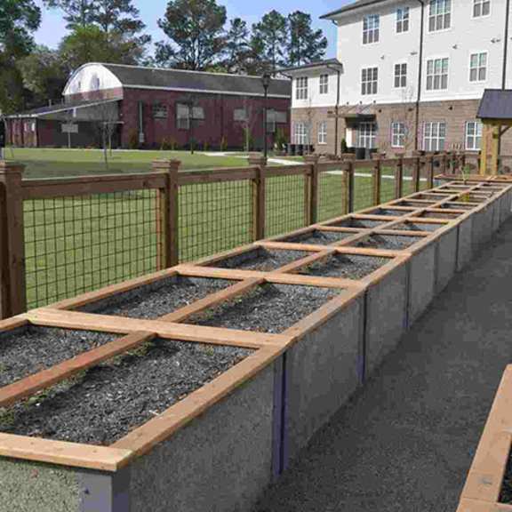 a long row of raised garden beds are in front of a building.