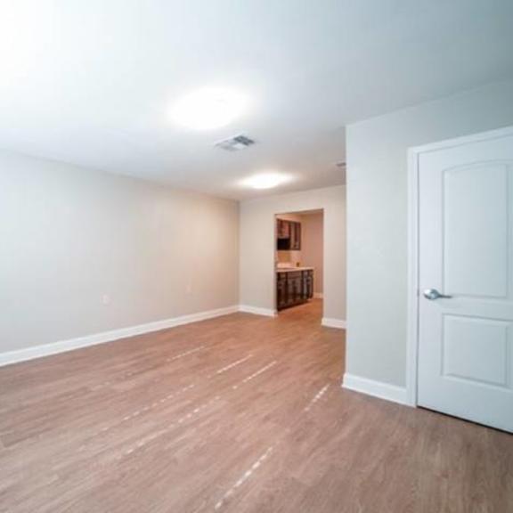 a room with wooden flooring and a white door.