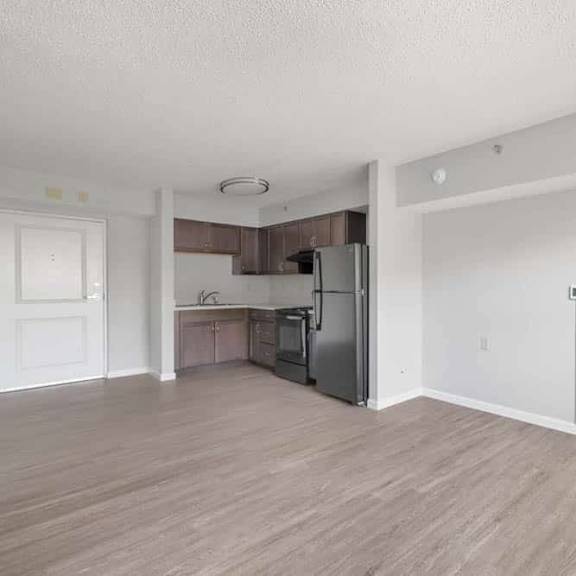 a kitchen with a refrigerator and a countertop.
