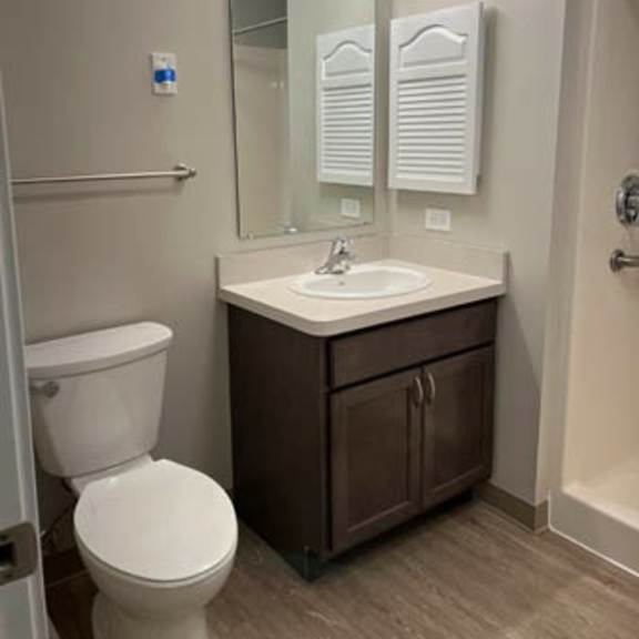 a bathroom with a toilet, sink, and mirror.