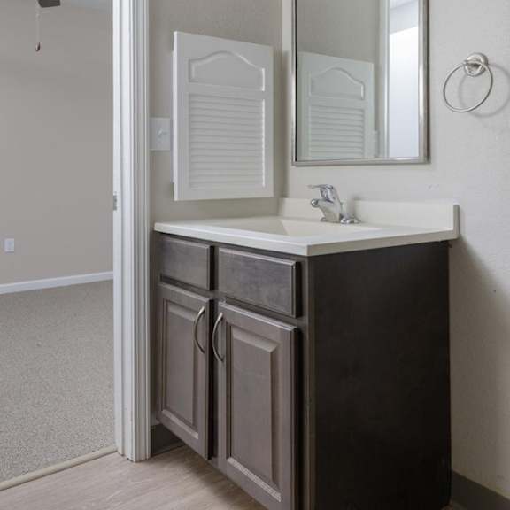 a bathroom with a vanity and a mirror.