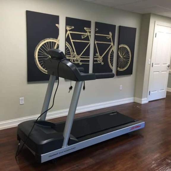 a treadmill is in a room with a painting of a bicycle on the wall.