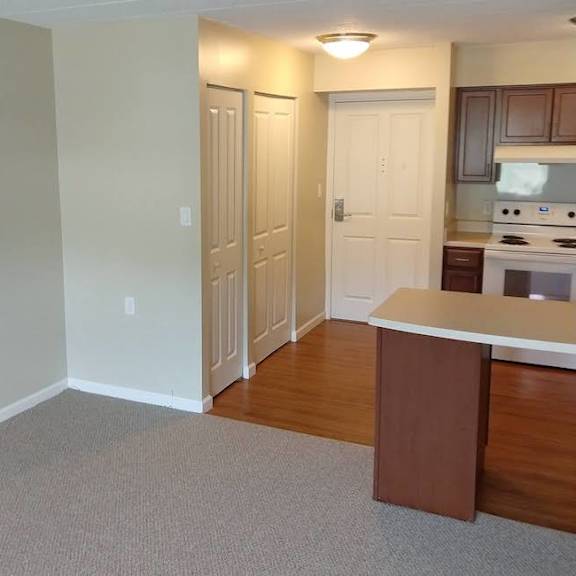 a kitchen area with a stove, oven, and cabinets.