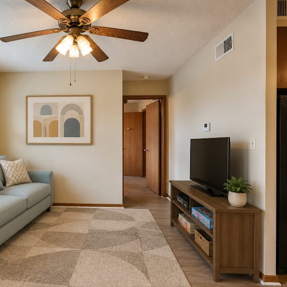 a living room with a couch, a table, a television, and a rug.